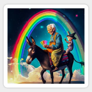 Old Lady on Donkey with Rainbow Sticker